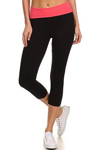 MOPAS Yoga Capri with Fold Over Solid Waistband,Coral-C,Small