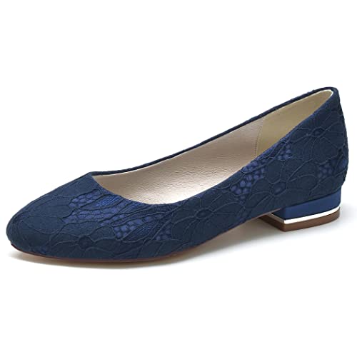 2.5Cm Wedding Shoes for Bride Lace Wedding Flats Comfortable Slip on Women Round Toe Bridal Shoes Flats Closed Toe Ballet Flats,Navy,6.5 US