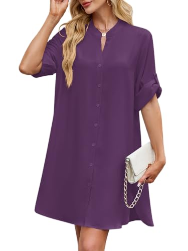 Image of PerZeal Womens Sexy V Neck Button Down Shirt Dresses Summer Short Sleeve Casual Loose Blouses & Button-Down Shifts Cover Ups