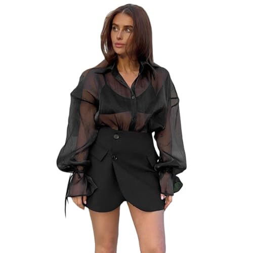 HGKPFGTF Women's Mesh Sheer Sexy Shirts Lantern Long Sleeve Button