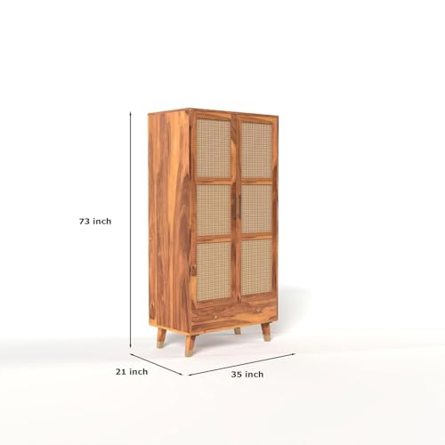 Image of Solid Sheesham Wood 2 Door Wardrobe with Rattan Cane Work & 3 Drawer | Rosewood Almirah for Bedroom Storage (Natural Finish)