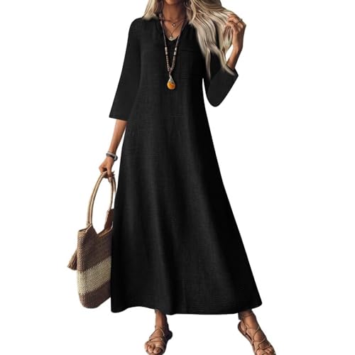 Plus Size Linen Dress for Women V Neck Boho Maxi 3/4 Sleeve Dresses Solid Long Sundress Vacation Outfits