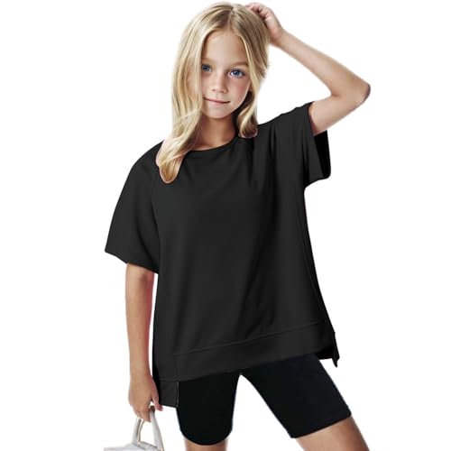 Girls T Shirts Casual Irregular Solid Color Crew Neck Shirt Kids Summer Short Sleeve Fashion Tops Tees 5-14 Years4