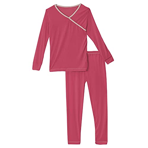 KicKee Pants Solid Color Long Sleeve Pajamas, Kimono Style PJs, Ultra Soft and Snug Fitting (Taffy with Peach Blossom - 5 Years)