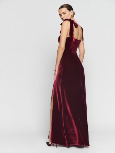 Cudiew Velvet Bridesmaid Dress Long for Women Bow Straps Formal Evening Party Prom Gown with Slit Floor Length 20254
