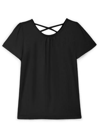 Haloumoning Girls Cross Back Shirts Kids Crewneck Puff Short Sleeve T-Shirt Cute Pleated Tops Tees 5-14 Years