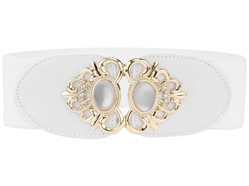 Allegra K Cinturones elásticos de piel sintética con cuentas de ópalo y diamantes de imitación incrustados de 2.36 pulgadas de ancho para vestido, Blanco, 66 cm/26'