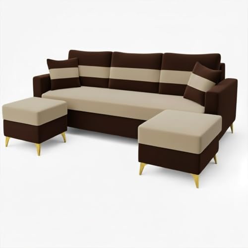 Image of SOCOZI Bastian 5 Seater L Shape Sofa Set with 2 Movable Ottomans | Flexible Layout | Soft Velvet Suede Fabric|Modern Sofa | Plush Comfort Cushions for Living Room (Dark Brown-Beige) | Breathable Material