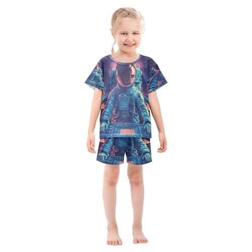 ALAZA Astronaut Driving Space Pajamas Set Short Sleeve Cotton Sleepwear Summer Pjs 2 Piece 5-14Y3