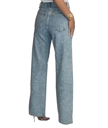Sexyshine Women's Diamond Rhinestone Jeans High Waist Straight Wide Leg Stretchy Bling Denim Pants2