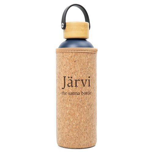 Jarvi The Sauna Bottle - 18 oz / 550 ml Icy Cold Water & Cool to Touch even in Hot Saunas - Natural Cork x Neoprene Outer Layer - Double Wall Insulated Steel Bottle. (Deep Blue Medium)