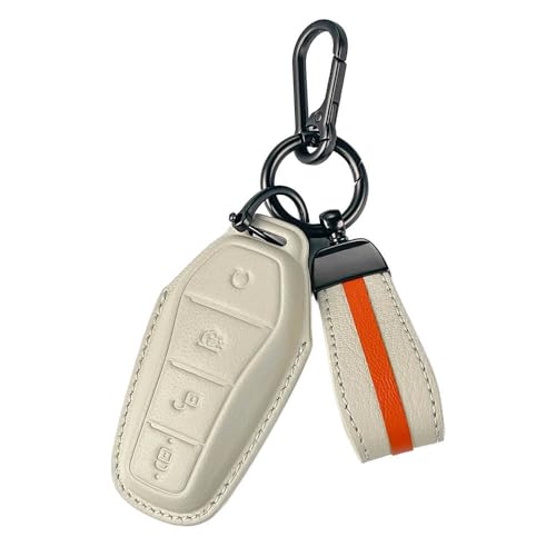 Image of Keyzone Royal Leather Car Key Cover with Keychain for BYD Seal and Atto 3 smart Key (Vanilla Satin)