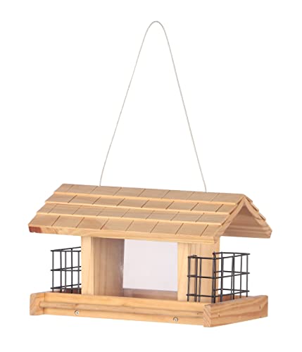 Dehner Natura Premium Wildvogel Futterhaus Aosta, Futterstation für Wildvögel, Vogelhaus robust / hängend, inkl. Aufhängevorrichtung, ca. 17.5 x 19 x 28 cm, aus FSC-zertifiziertem Kiefernholz, braun