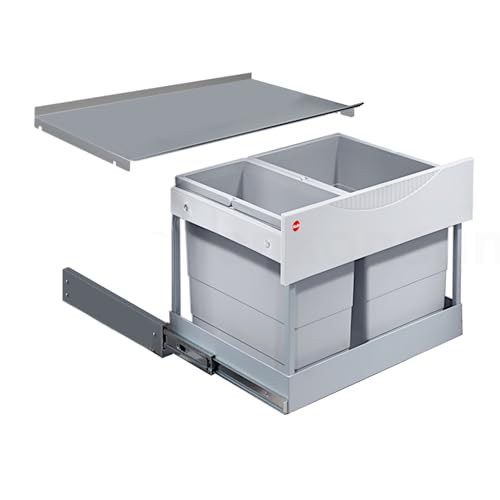 Hailo Abfallsammler 3644801 | 30L Einbau-Mülleimer mit 2-fach Trennung | Raumspar Tandem System für 60cm Unterschrank | Abfalleimer mit Ausfahrautomatik | Mülltrennsystem für Einbauküchen | Hellgrau