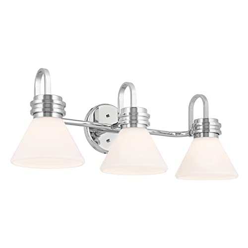 Image of Kichler Farum 26 inch 3-Light Bathroom Vanity Light Fixture with Opal Glass in Chrome, Modern Wall Mount Over Mirror for Single or Double Vanity (26 inch x 9.5 inch x 9.5 inch), 55155CH