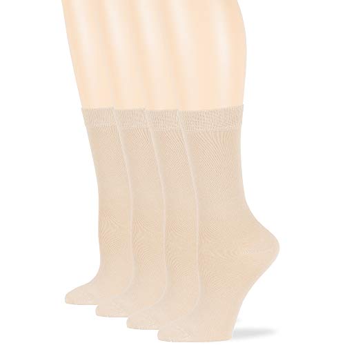 7BigStars Women's Cotton Dress Socks - 4 Pack Plus Size - Solid Casual Crew Lightweight Business Sock Size 10-12 Shoe Size 8-12 L Light Beige