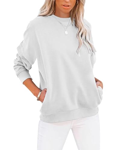 Cuptacc Sudadera para Mujer, Elegante, Cuello Redondo, Bloque de Color, Camiseta Holgada, Manga Larga, Bolsillos, Camiseta para Mujer, Blanco, L