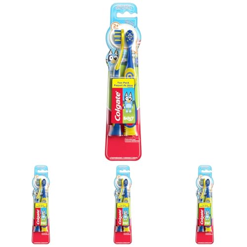 Image of Colgate Bluey Extra Soft Toothbrush for Kids, Kids Toothbrush Pack with Built in Suction Cup Toothbrush Holder, Designed for Children Ages 2 and Up, Extra Soft Bristles, 2 Count (Pack of 4)