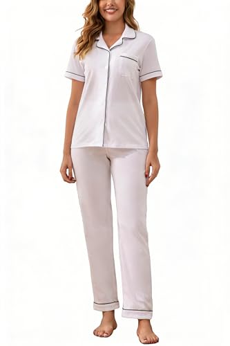 Image of 100% Cotton Pajama Sets for Women 2 Piece Long Sleeve Button Down Pjs Soft Comfy Ladies Sleepwear Lounge Sets S-XL