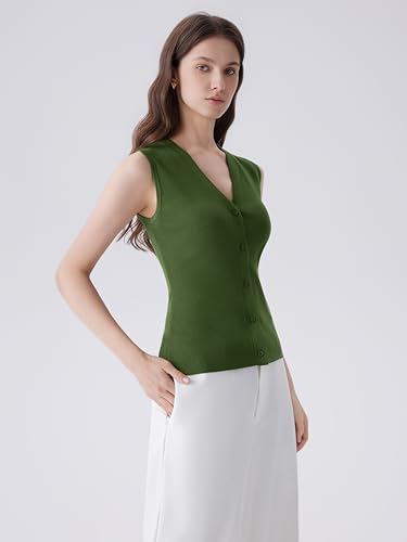 Image of SUUKSESS Women Sleeveless Sweater Tops Summer V Neck Button Down Vest Tops Business Casual Work Shirts