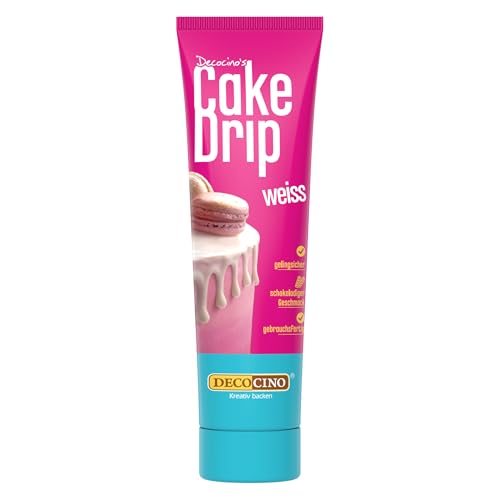 DECOCINO Cake Drip Weiss – schokoladiger Geschmack – direkt gebrauchsfertig – Backdeko für Torten, Kuchen, Muffins, Cupcakes, Cake Melts