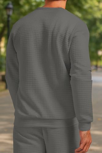 Image of KAJARU Quilted Pattern Long Sleeve Sweatshirt, Round Neck, Men's Casual Pullover, Grey, Black, Beige