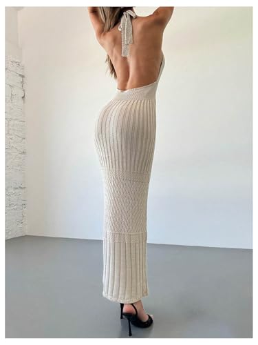 SOLY HUX Women's Crochet Knit Halter Dress Deep V Neck Sleeveless Tie Backless Bodycon Long Dresses3