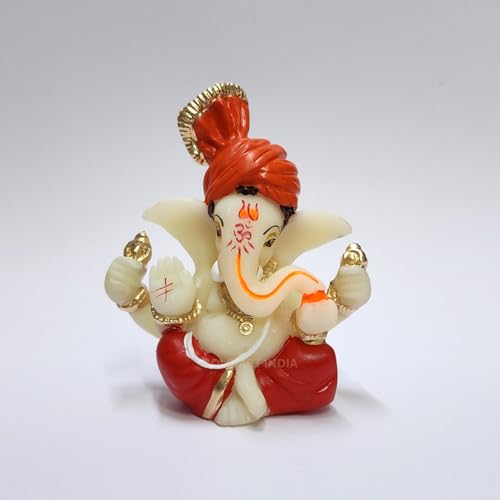 Estatua pequeña de Lord Ganesha en resina roja y naranja miniatura 6