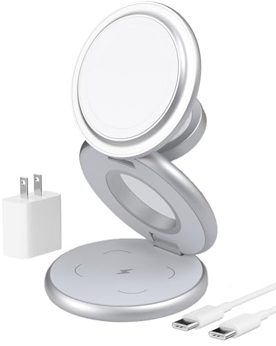 Image of KU XIU X63 3 in 1 Charging Station for Apple, Aluminum Alloy Foldable Magnetic Wireless Charger, Travel Charger for iPhone 16 /15 /14 /13 /12 Series, Apple Watch& AirPods(with 20W Adapter)-Silver