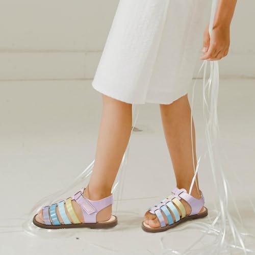 Image of Dodow Girls Sandals Open Toe Hook and Loop Flat Dress Sandals Summer Shoes for Toddler Little Kid