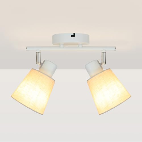 2-Light Track Lighting, Flexible Ceiling Light Fixtures White, Linen Shade Spotlight Vanity Light for Art, Bedroom, Dressing Table, E26 Base (Bulbs Not Included)