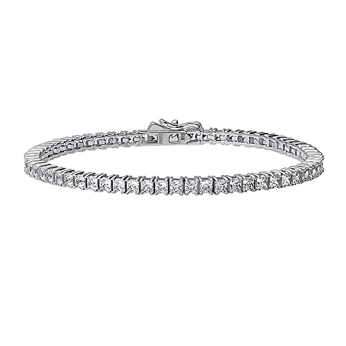 BERRICLE Sterling Silver Princess Cut Cubic Zirconia CZ Statement Tennis Bracelet for Women, Rhodium Plated