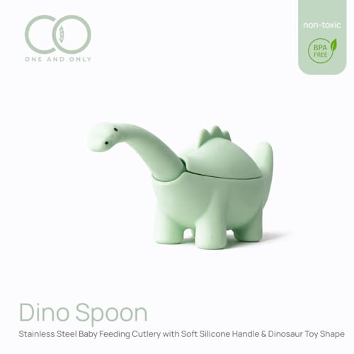 Image of Baby Spoon and Fork Set, Green Silicone Toddler Cutlery Set with Dinosaur Case, 2 Pc, Self Feeding Utensils for Baby Meals School and Travel, Mealtime Essential