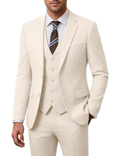 Image of Men's 3 Piece Slim Fit Suit Set, Two Button Blazer Solid Jacket Vest Pants Wedding Business Suit