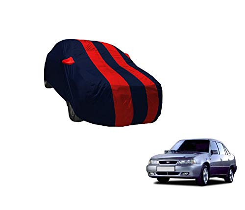 Image of Auto Hub Car Cover Compatible with Daewoo Cielo with Weather Proof, Mirror Pocket, Triple Stitched, Cielo Car Cover- Navy-Red