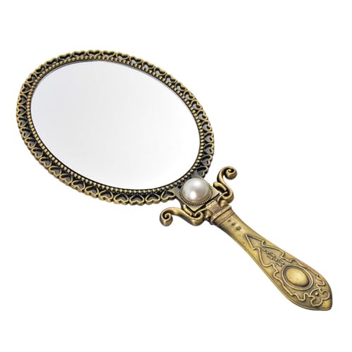 minkissy 1pc Handheld Vanity Mirror - Antique Hand Mirror Brass Luxury Metal Handheld Foldable Cosmetic for Women Lady Travel Home Use (Bronze) Plastic