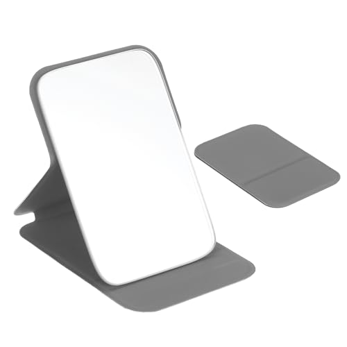QUARKZMAN 2 Piezas Espejo Plegable Mini De 4.3', Pequeño Espejo Portátil para Maquillaje con Soporte Ajustable, Espejos De Mano De Cuero PU para Mujeres Viajes Hogar Bolsillos (Gris)