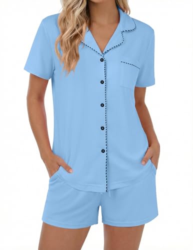 Ekouaer Pajamas for Women Set Button Down Pjs Lounge Sets Short Sleeve Sleepwear Soft Loungewear Nigthwear,Small,Baby Blue