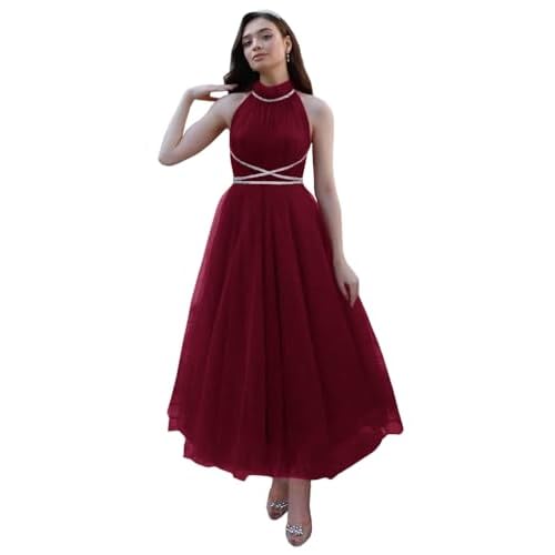 Women’s Halter Neck Prom Dresses Tulle Evening Gowns Sleeveless Beaded Homecoming Dresses Long One Size Burgundy