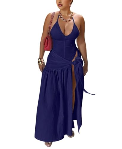 Image of Two Piece Skirt Set Women Sexy Halter Backless Bodysuit and Wrap Tied High Split Summer Maxi Skirt Set