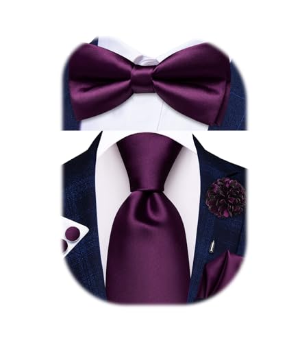 Image of Hi-Tie 5Pcs Mens Solid Color Silk Tie Satin Pretied Bowtie Lapel Pin for Men Handkerchief Cufflink Wedding Gift Box