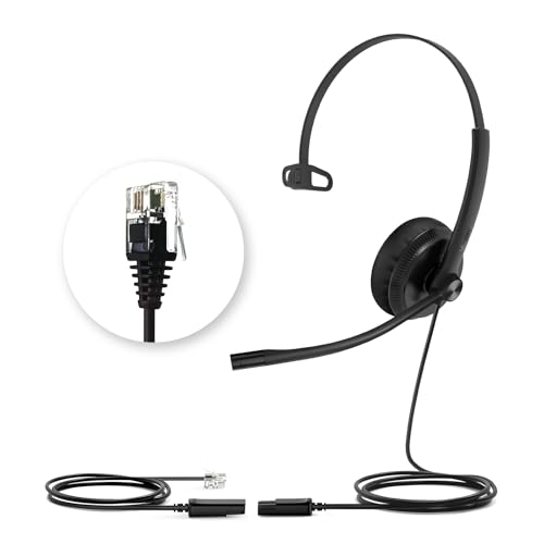 Yealink YHS34 Auriculares telefónicos con Cables de conexión RJ9 y QD. Compatibles con teléfonos Poly, Avaya, Snom y Grandstream. Auriculares monoaurales con micrófono para teléfonos de Oficina