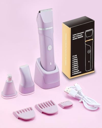 Image of 4-in-1 Women's Electric Body Hair Trimmer, Purple, Ceramic Blade, USB-C Rechargeable, with Nose Trimmer and Charging Dock