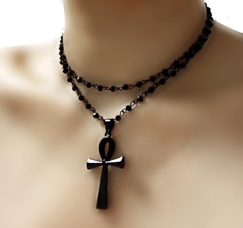Gothic Bead Coptic Ankh Cross Necklace, Stainless Steel Ankh Cross Pendant, Black Gothic Layered Choker Necklace for Women.4