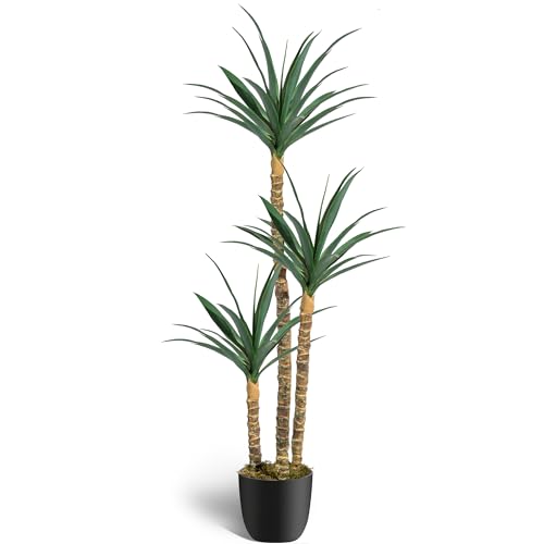AOKIIE 6FT Artificial Tree Faux Agave Plant Indoor, Tall Faux Plant with 3 Heads in Potted Silk Fake Tree for Home Living Rome Office Decor Housewarming Gifts