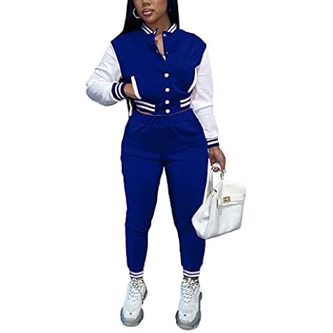 WOKANSE Women's 2 Piece Outfit Button Jacket Tops and Sweatpants Set Baseball Tracksuits Activewear, 1-blue, Medium Cover