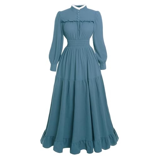 Vibsion Victorian Dress for Women 1800s Long Sleeve Edwardian Dress Medieval Renaissance Costume Blue L