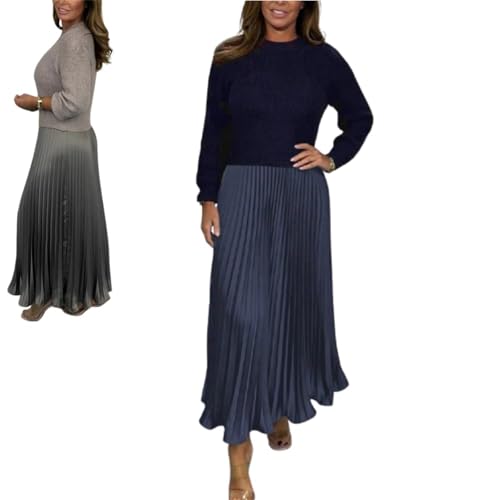 Jersey de manga larga y vestido plisado para mujer, elegante y versátil, conjunto maxi fluido S-5XL, azul, XL