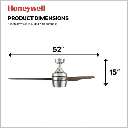Honeywell Ceiling Fans Eamon Modern 52 Inch Ceiling Fan with Light, Remote Control Fan, LED Indoor Fan with 3 Blades, Brown Maple and Black Blade Finish Options, Brushed Nickel (50604-01) - image 3