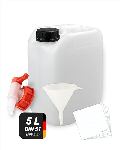 5 Liter Leerkanister DIN 51 inkl. Trichter Auslaufhahn und 5 Trevendo Etiketten